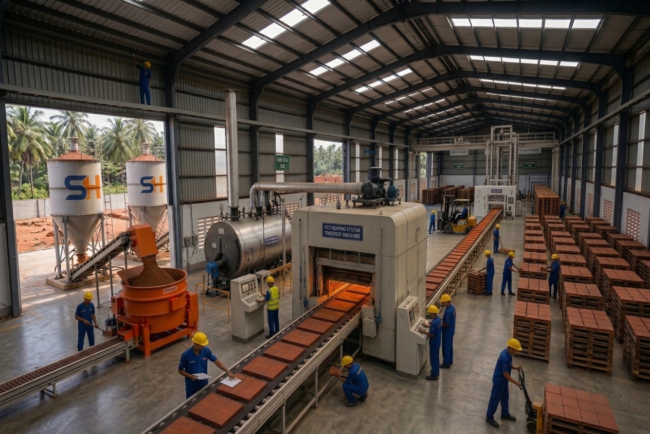 Subhasingha Holdings terracotta production hall with kilns, conveyors, stacked tiles, and workers in Anuradhapura