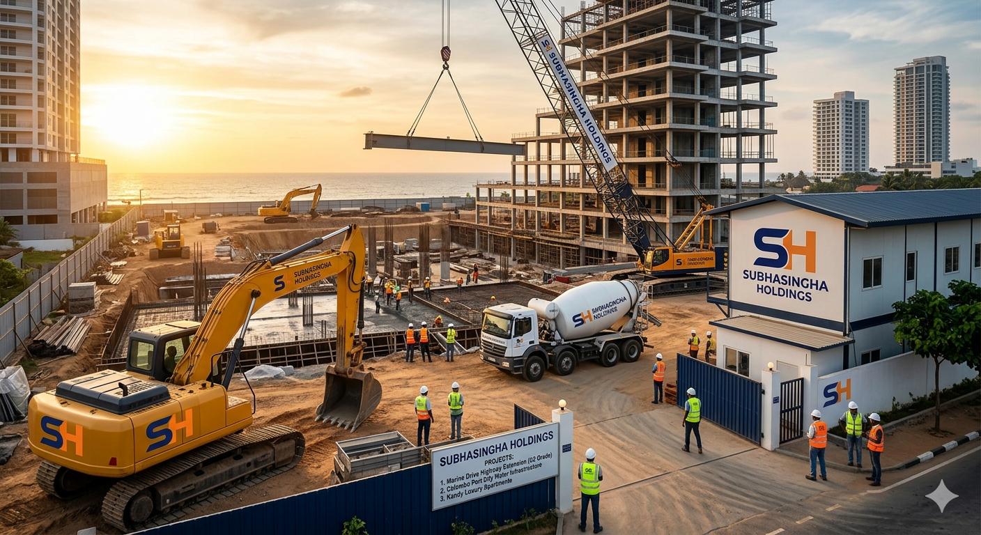 Subhasingha Group construction site with cranes, machinery and site office in Sri Lanka